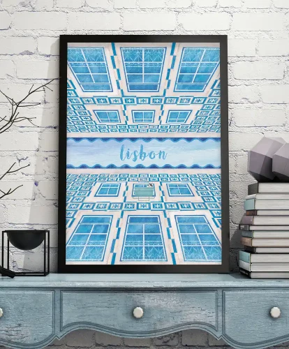 Lizbona - kamienice z azulejos - aranżacja plakatu na szafce