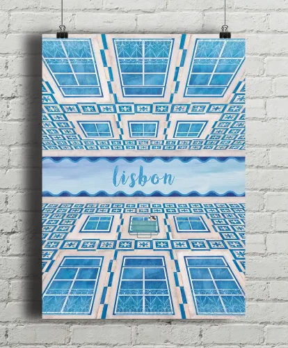 Lizbona - kamienice z azulejos - aranżacja plakatu na ceglanej ścianie
