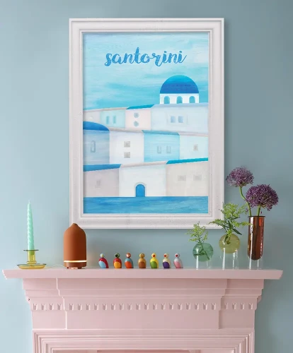 Santorini - grecka wyspa - aranżacja plakatu nad różową szafką