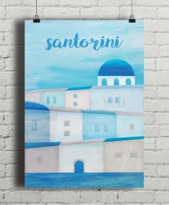 Santorini - grecka wyspa - aranżacja plakatu na ceglanej ścianie