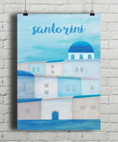 Santorini - grecka wyspa - aranżacja plakatu na ceglanej ścianie