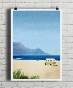 Kamper na plaży - surfing - aranżacja plakatu na ceglanej ścianie