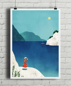 Morze Śródziemne - skaliste wybrzeże Calanques - aranżacja plakatu na ceglanej ścianie