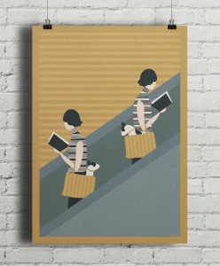 Spotkanie na schodach - aranżacja plakatu na ceglanej ścianie