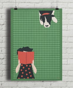 Piknik z książką - aranżacja plakatu na ceglanej ścianie