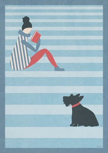 Czytanie na schodach - plakat z psem i książką