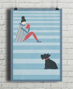 Czytanie na schodach - aranżacja plakatu na ceglanej ścianie