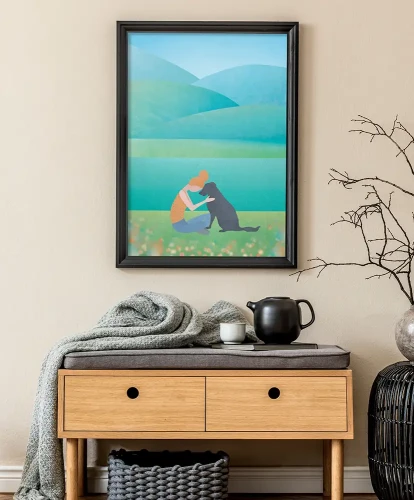 Nad górskim stawem - aranżacja plakatu nad półką w salonie