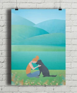 Nad górskim stawem - aranżacja plakatu na ceglanej ścianie