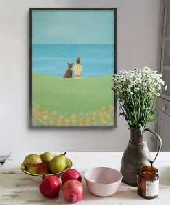 Z psem na łące - aranżacja plakatu w kuchni z kwiatami