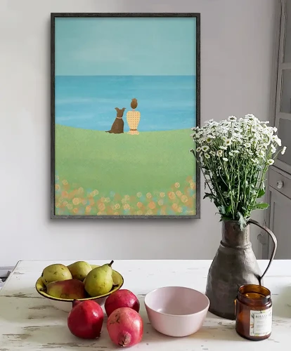 Z psem na łące - aranżacja plakatu w kuchni z kwiatami