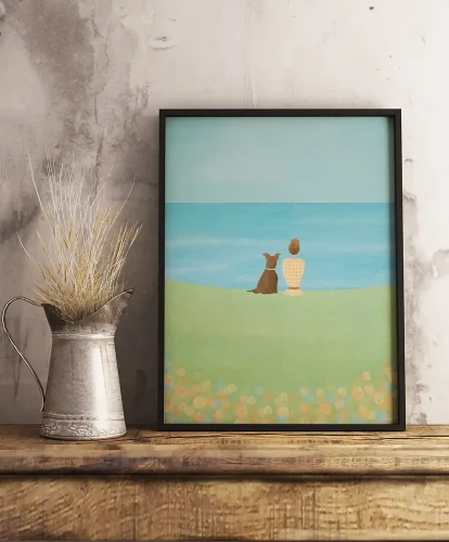 Z psem na łące - aranżacja plakatu na półce w rustykalnym stylu