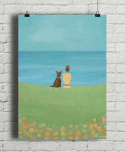 Z psem na łące - aranżacja plakatu na ceglanej ścianie