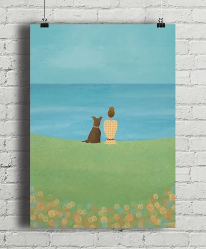 Z psem na łące - aranżacja plakatu na ceglanej ścianie