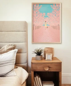 Kwitnące wiśnie - spacer z psem - aranżacja plakatu w sypialni