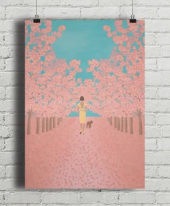 Kwitnące wiśnie - spacer z psem - aranżacja plakatu na ceglanej ścianie