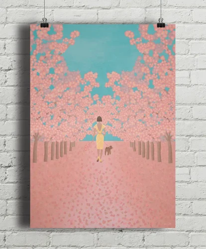 Kwitnące wiśnie - spacer z psem - aranżacja plakatu na ceglanej ścianie