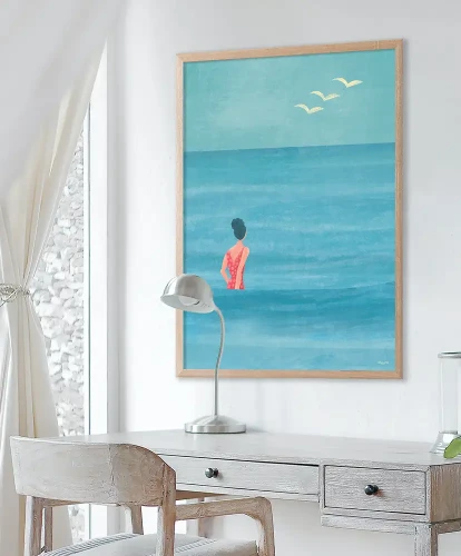 Lato nad morzem - aranżacja plakatu nad białym stolikiem