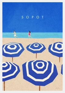 Sopot - plaża z parasolkami - plakat