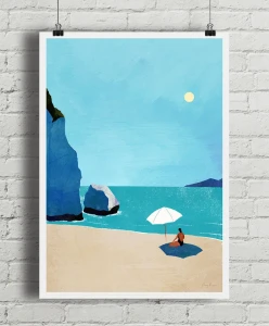 Dzika plaża - dziewczyna pod parasolem - aranżacja plakatu na ceglanej ścianie