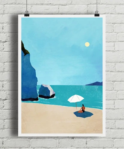 Dzika plaża - dziewczyna pod parasolem - aranżacja plakatu na ceglanej ścianie