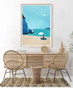 Dzika plaża - dziewczyna pod parasolem - aranżacja plakatu w wakacyjnym wnętrzu