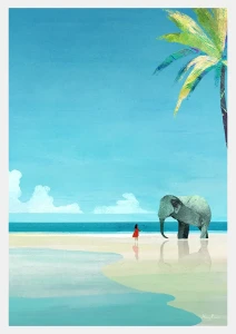 Egzotyczne wakacje - lazurowa plaża ze słoniem - plakat