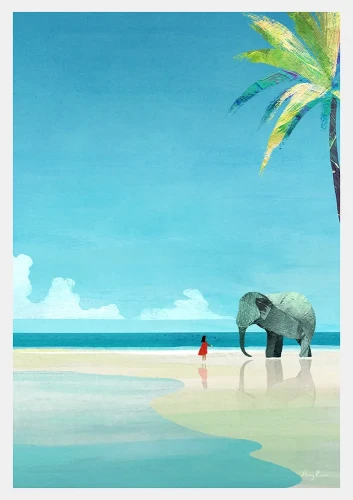 Egzotyczne wakacje - lazurowa plaża ze słoniem - plakat