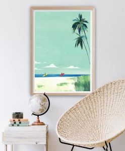 Plaża surferów - wakacje pod palmami - aranżacja plakatu przy wiklinowym fotelu