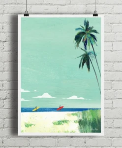 Plaża surferów - wakacje pod palmami - aranżacja plakatu na ceglanej ścianie