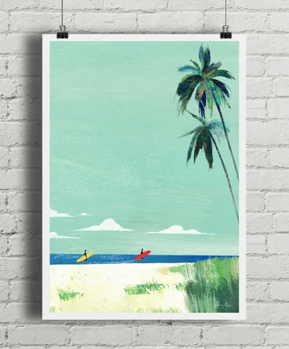 Plaża surferów - wakacje pod palmami - aranżacja plakatu na ceglanej ścianie