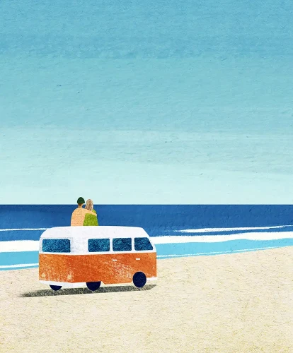 Nad morskim brzegiem - wyprawy kamperem - szczegół plakatu