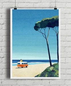 Nad morskim brzegiem - wyprawy kamperem - aranżacja plakatu na ceglanej ścianie