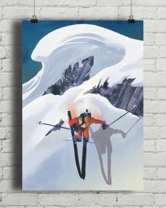Narciarstwo freeride Poza szlakiem - aranżacja plakatu na ceglanej ścianie