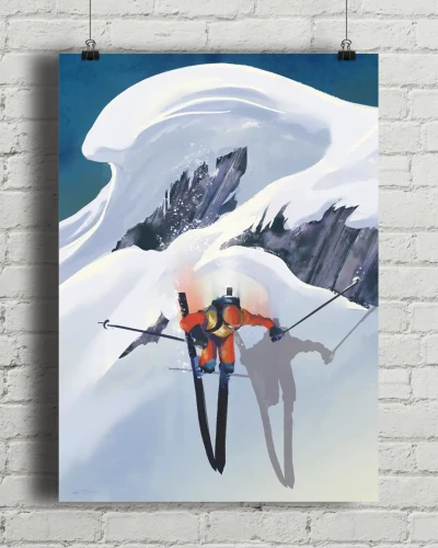 Narciarstwo freeride Poza szlakiem - aranżacja plakatu na ceglanej ścianie