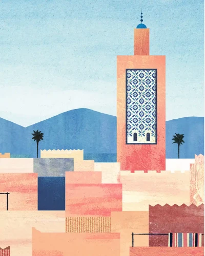 Maroko Marrakesz / Panorama miasta z Meczetem Księgarzy - szczegół plakatu