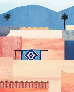 Maroko Marrakesz / Panorama miasta z Meczetem Księgarzy - szczegół plakatu