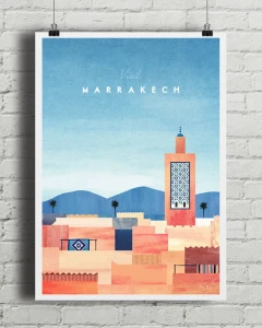 Maroko Marrakesz / Panorama miasta z Meczetem Księgarzy - aranżacja plakatu na ceglanej ścianie