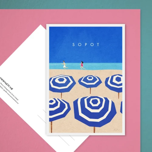 Sopot - plaża z parasolkami - pocztówka