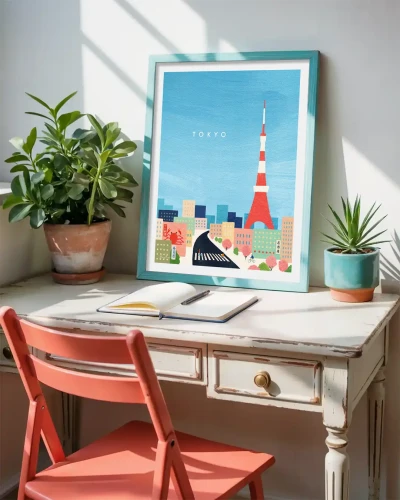 Tokio Japonia - panorama z Tokyo Tower - aranżacja plakatu na biurku