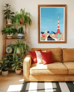 Tokio Japonia - panorama z Tokyo Tower - aranżacja plakatu w pokoju nad miodową kanapą