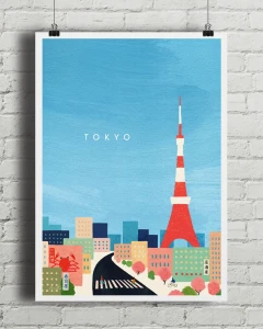 Tokio Japonia - panorama z Tokyo Tower - aranżacja plakatu na ceglanej, białej ścianie