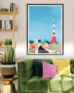 Tokio Japonia - panorama z Tokyo Tower - aranżacja plakatu nad zieloną kanapą