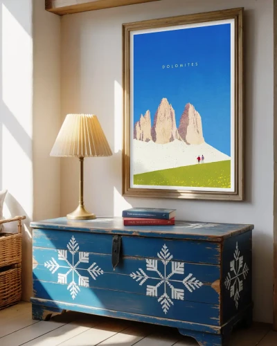 Dolomity Włochy - Trzy Szczyty Lavaredo - aranżacja plakatu nad malowaną skrzynią