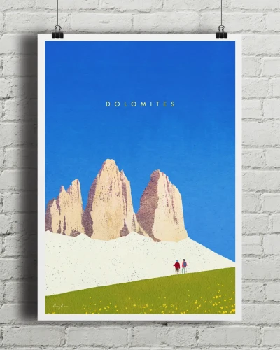 Dolomity Włochy - Trzy Szczyty Lavaredo - aranżacja plakatu na ceglanej, białej ścianie