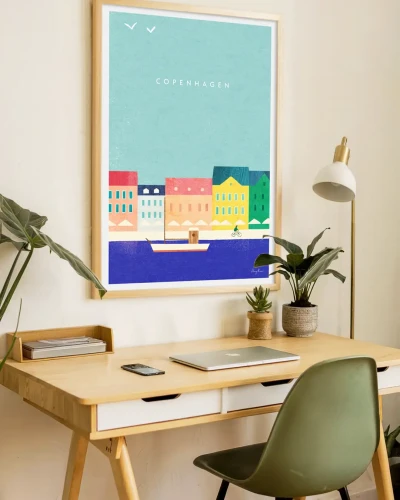 Kopenhaga Dania - kolorowe kamienice Nyhavn - aranżacja plakatu na biurku