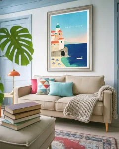 Amalfi Włochy - plaża Atrani - aranżacja plakatu w salonie nad kanapą