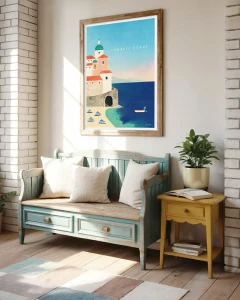Amalfi Włochy - plaża Atrani - aranżacja plakatu nad drewnianą ławką