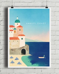 Amalfi Włochy - plaża Atrani - aranżacja plakatu na ceglanej, białej ścianie