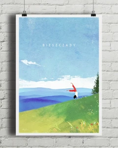 Bieszczady - w górach z pozytywną energią - aranżacja plakatu na ceglanej, białej ścianie